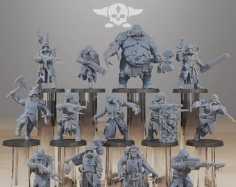 Op de afbeelding: Een verzameling grijze miniatuurbeeldjes, waaronder soldaten en een grote, imposante figuur. De beeldjes zijn gerangschikt op transparante standaards, met de tekst "STATIONFORGE" en een schedellogo bovenaan. De figuren zijn gedetailleerd met wapens en pantser.