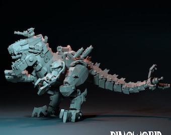 May include: A gray, mechanical Tyrannosaurus Rex model with detailed armor plating, weaponry, and a spiked tail. The model has a futuristic design, with the text "DINOWORLD KINGDOMS" in the lower right corner.