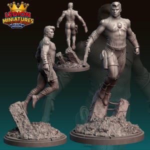 May include: A 3D-printed miniature of a male figure in a futuristic suit, posed dynamically on a rubble-strewn base. The figure is detailed with intricate textures and carries a sidearm. The logo "LEGION MINIATURES 3D PRINTING DESIGNS" is visible.