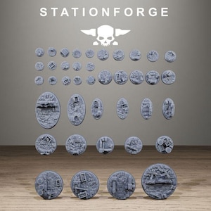 Könnte beinhalten: Eine Sammlung von grauen Miniatur-Basen aus Kunstharz in verschiedenen runden und ovalen Größen mit detaillierten Texturen aus Schutt, Ziegeln und Trümmern. Der Text STATIONFORGE und ein Totenkopf-Logo sind oben im Bild zu sehen.