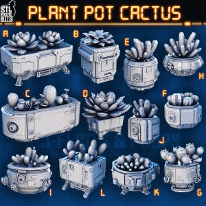 Puede incluir: Una colección de macetas grises con diseños de cactus y suculentas. Las macetas tienen una estética futurista y geométrica, con formas rectangulares y cilíndricas. La imagen incluye el texto "PLANT POT CACTUS" en la parte superior.