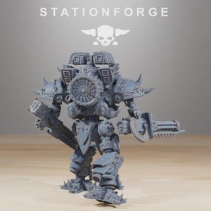 May include: A grey model of a war machine with intricate detailing, a large weapon, and a spiked, armoured design. The model features a turbine-like structure on its back, with the text "STATIONFORGE" above.