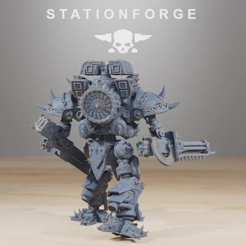May include: A grey model of a war machine with intricate detailing, a large weapon, and a spiked, armoured design. The model features a turbine-like structure on its back, with the text "STATIONFORGE" above.