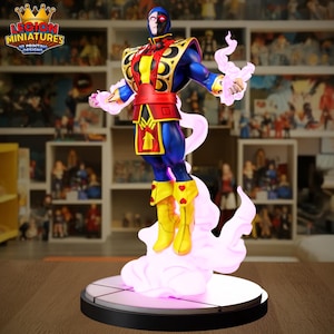 May include: A detailed figurine of a superhero with a blue and red costume, yellow boots, and a half-masked face. The figure is standing on a glowing pink cloud base. The logo "LEGION MINIATURES 3D PRINTING DESIGNS" is visible.