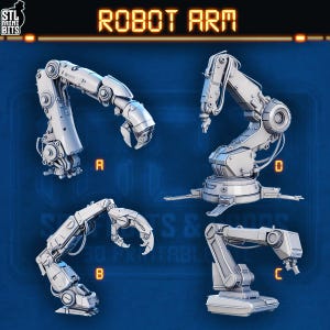 Può includere: Quattro modelli di braccio robotico argentato sono esposti su sfondo blu. I bracci sono in posizioni diverse, con le lettere A, B, C e D. Il testo "ROBOT ARM" è in arancione in alto.