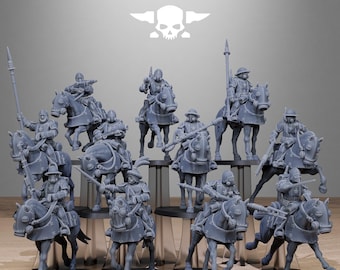 May include: A collection of gray miniature figurines of mounted soldiers, each with detailed armor and weaponry. The figures are arranged on a display, with the text "STATIONFORGE" and a skull logo at the top.