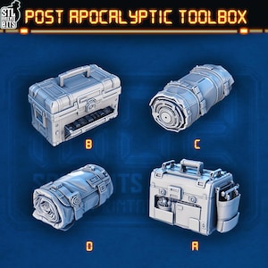 May include: Four grey, 3D-printed post-apocalyptic toolboxes and containers are displayed against a blue background. The text "POST APOCALYPTIC TOOLBOX" is at the top. Each item is labelled with a letter: B, C, D, and A.