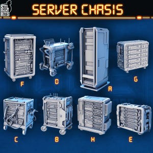 Könnte beinhalten: Darstellung von sieben futuristischen Server-Chassis-Modellen, jedes mit einem einzigartigen Design. Die Modelle sind in Grau- und Blautönen gehalten und weisen detaillierte Paneele und Rack-Mount-Funktionen auf. Der Text "SERVER CHASIS" ist orange.