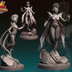 May include: A 3D-printed figurine of a female warrior in a futuristic outfit, standing on a rocky base. The figure has a sun emblem on the chest and a flowing cape. The logo for Legion Miniatures is in the upper left corner.