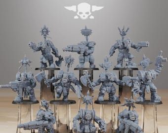 May include: A group of grey Orc warrior figurines, each with different weapons and armour. The miniatures are displayed on clear stands, with the "STATIONFORGE" logo and a skull emblem in the background.