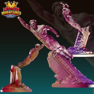 May include: A 3D-printed figurine of a superhero in a dynamic pose, mid-flight, with a distressed architectural base. The figure is in a light color, with details highlighted by the lighting. The logo "LEGION MINIATURES 3D PRINTING DESIGNS" is visible.