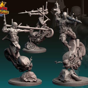 Könnte beinhalten: Eine Sammlung grauer Resinfiguren, die eine Figur auf einem Motorrad mit Waffen darstellen. Die Figuren stehen auf runden Sockeln, mit dem Legion Miniatures-Logo oben links.