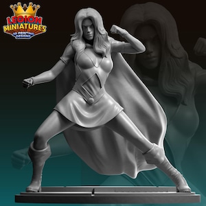 May include: A gray 3D-printed figurine of a female superhero in a dynamic pose, wearing a short skirt, cape, and boots. The figurine has long flowing hair and is flexing her arm. The logo "LEGION MINIATURES 3D PRINTING DESIGNS" is in the upper left corner.