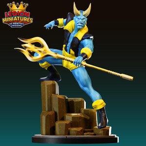 May include: A blue figurine of a horned character in a dynamic pose, holding a gold trident. The figure wears a yellow and black outfit and stands on a brown rocky base. The logo "LEGION MINIATURES 3D PRINTING DESIGNS" is in the upper left corner.