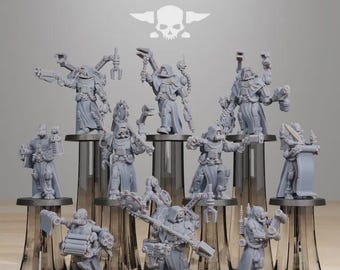 May include: A collection of gray miniature figurines, each depicting a futuristic character with various tools and weapons. The figures are arranged on clear stands against a light gray background. The text "STATIONFORGE" is at the top.