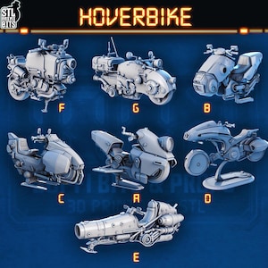 Pode incluir: Apresentação de seis modelos de hoverbike futuristas com designs variados. Os modelos, em tons de cinza e branco, apresentam detalhes mecânicos intrincados. A palavra "HOVERBIKE" é exibida em letras laranja na parte superior da imagem.