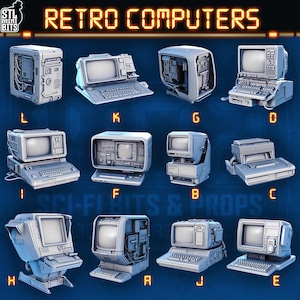 May include: A selection of miniature retro computer models in grey. The models feature keyboards, screens, and housings. The text "RETRO COMPUTERS" is displayed at the top. The models are labelled with letters.