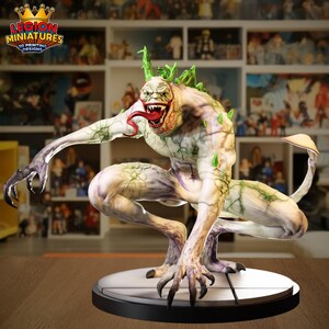May include: A detailed, hand-painted monster figurine with a menacing expression, red tongue, and sharp teeth. The figure is primarily white and purple with green accents, posed on a round base. The logo "LEGION MINIATURES 3D PRINTING DESIGNS" is visible.