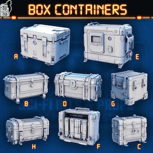 May include: Seven light grey sci-fi style box containers are displayed, each with detailed paneling, hinges, and latches. The image includes the text "BOX CONTAINERS" at the top.