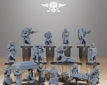 May include: A set of grey miniature soldier figurines in military attire, some with gas masks and weapons. The figurines are on black bases and show different action poses. The text "STATIONFORGE" is at the top.