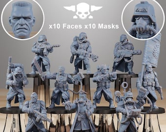 Op de afbeelding: Een set van 10 grijze plastic miniatuurfiguurtjes van soldaten die helmen dragen en wapens vasthouden. De figuurtjes zijn in een cirkel op een zwart oppervlak gerangschikt. De tekst "STATIONFORGE x10 Faces x10 Masks" is zichtbaar boven de figuurtjes.