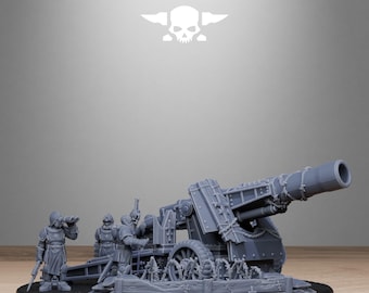 May include: A gray miniature cannon with several figurines, set on a black base. The cannon has a large barrel and is surrounded by detailed figures in military attire. The text "STATIONFORGE" and a skull logo are at the top.