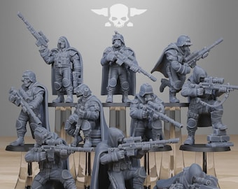 Puede incluir: Colección de figuras en miniatura grises de soldados con equipo táctico, cada uno sosteniendo un rifle. Las figuras están en varias poses, algunas de pie, otras de rodillas y una tendida. El texto "STATIONFORGE" está en la parte superior.