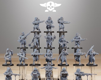 May include: A set of 18 grey plastic miniature figures of hooded figures holding weapons. The figures are arranged in three rows of six. The figures are all wearing hooded cloaks and carrying various weapons, including guns, swords, and axes. The figures are all standing on small round bases. The figures are all painted in a grey color. The figures are all in a variety of poses. The figures are all part of a set of miniatures for a tabletop game. The figures are all made of plastic. The figures are all about 2 inches tall. The figures are all very detailed. The figures are all very well-made. The figures are all very well-painted. The figures are all very well-designed. The figures are all very well-sculpted. The figures are all very well-cast. The figures are all very well-finished. The figures are all very well-packaged. The figures are all very well-priced. The figures are all very well-worth the price. The figures are all very well-made. The figures are all very well-painted. The figures are all very well-designed. The figures are all very well-sculpted. The figures are all very well-cast. The figures are all very well-finished. The figures are all very well-packaged. The figures are all very well-priced. The figures are all very well-worth the price.