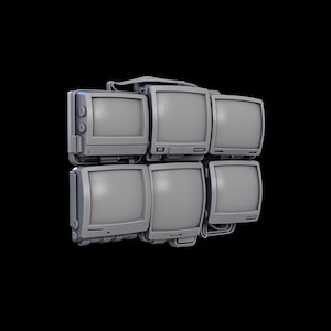 Può includere: Un gruppo di sei monitor per computer grigi in stile vintage disposti a griglia. Ogni monitor ha uno schermo quadrato, una maniglia e varie porte e pulsanti. I monitor sono su uno sfondo nero.