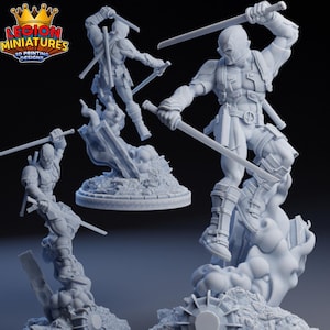 Può includere: Una collezione di figurine stampate in 3D, grigio chiaro, di un supereroe in pose dinamiche, che brandisce spade. Le figurine sono su basi dettagliate, con il logo "Legion Miniatures".