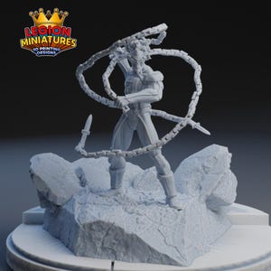 May include: A light gray 3D-printed miniature figure of a warrior wielding a chain weapon. The figure stands on a rocky base, with the "LEGION MINIATURES 3D PRINTING DESIGNS" logo in the upper left corner. The warrior is in a dynamic pose.