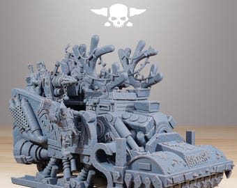 May include: A gray plastic model of a futuristic vehicle with a large, spiked wheel in the front and a smaller wheel in the back. The vehicle has a large, ornate, tree-like structure on top. The vehicle is labeled "Krusha".