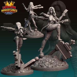 May include: A collection of gray 3D-printed figurines of a woman in a dynamic pose, holding multiple guns. The figures are on a base with a detailed, textured design. The Legion Miniatures logo is visible in the top left corner.