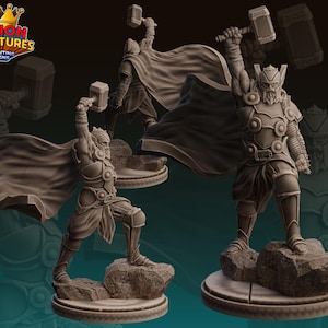 May include: A 3D-printed figurine of a warrior in a battle pose, holding a hammer aloft. The figure is wearing armour and a cape, standing on a rocky base. The Legion Miniatures logo is in the upper left corner.