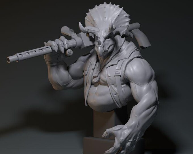 Triceratops Dinosaur WW2 Bust 32mm/28mm (DinoWorld) Fantasy Gaming RPG | Wargaming Gift | Tabletop Game Set | Dinosaur Mini