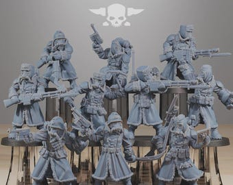 May include: A collection of gray miniature figurines of soldiers, each equipped with rifles, gas masks, and winter coats. The figurines are arranged on a tiered platform, with the text "STATIONFORGE" and a skull logo in the background.