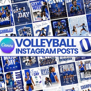 Puede incluir: Una colección de plantillas digitales para publicaciones de voleibol en Instagram con esquemas de color azul y blanco, imágenes atléticas de jugadores en uniforme, tipografía en negrita con texto como Game Day, Game Week y el logo de Canva.