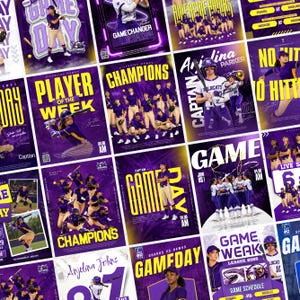 May include: A collection of purple and yellow baseball posters. The posters feature team photos, player portraits, and text such as "Game Day," "Champions," and "Player of the Week." The posters have a modern, dynamic design.