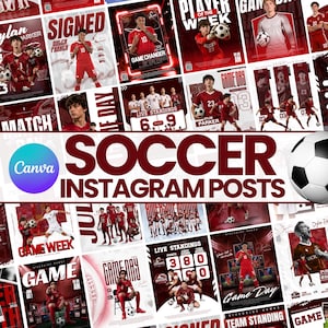 May include: A collection of digital football Instagram post templates featuring maroon and white colour schemes, player portraits, match day graphics, live standings, and fixture schedules with the bold text SOCCER INSTAGRAM POSTS displayed prominently.