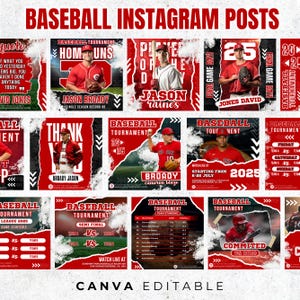 Puede incluir: Una colecci&oacute;n de plantillas de publicaciones de Instagram con tem&aacute;tica de b&eacute;isbol. Los dise&ntilde;os presentan esquemas de color rojo, blanco y negro, con im&aacute;genes de jugadores de b&eacute;isbol, detalles del torneo y horarios de juegos. El texto incluye nombres de jugadores, clasificaciones de equipos y "Canva Editable."