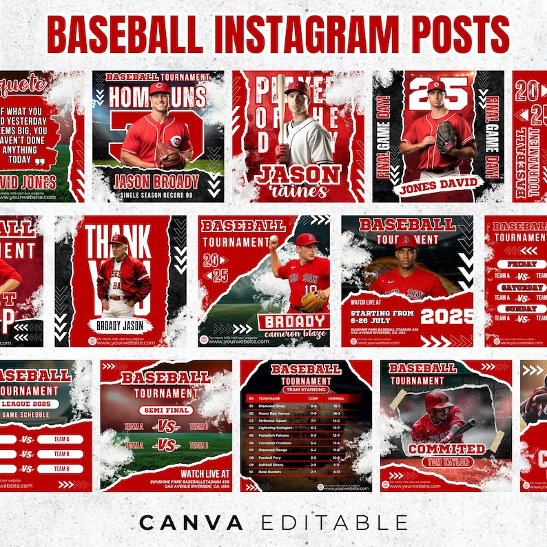 Puede incluir: Una colecci&oacute;n de plantillas de publicaciones de Instagram con tem&aacute;tica de b&eacute;isbol. Los dise&ntilde;os presentan esquemas de color rojo, blanco y negro, con im&aacute;genes de jugadores de b&eacute;isbol, detalles del torneo y horarios de juegos. El texto incluye nombres de jugadores, clasificaciones de equipos y "Canva Editable."