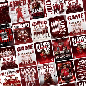 May include: A collage of sports posters featuring the Riverside Hawks football team. The designs include red and white colour schemes, action shots of players in kits, and bold text such as Game Day, Player of the Week, and Champions.