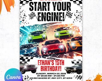 Editable Race Car Birthday Invitation, Race Car Birthday, Sports Car Invite, Racing Party, Car Birthday, Boy Birthday Invite, Canva Template