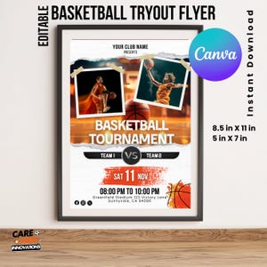 Puede incluir: Un folleto enmarcado del torneo de baloncesto con el texto "Basketball Tryout Flyer" en la parte superior. El folleto incluye imágenes de jugadores de baloncesto, el texto "Basketball Tournament" y la información del evento. El folleto mide 21,6 x 27,9 cm.