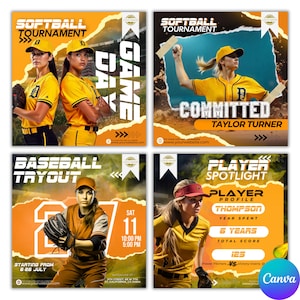 Baseball Game Day Flyer, Baseball Tryout Flyer, Baseball Player Spotlight Flyer, Sports Commited Flyer Baseball Flyers Bundle Canva Template