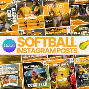 Pode incluir: Uma cole&ccedil;&atilde;o de modelos digitais para publica&ccedil;&otilde;es no Instagram sobre softbol, com esquemas de cores amarelo e preto, fotos de a&ccedil;&atilde;o de jogadores em uniforme, layouts de calend&aacute;rio e o texto Softball Tournament.