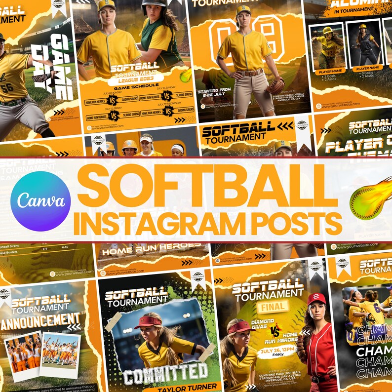 Pode incluir: Uma cole&ccedil;&atilde;o de modelos digitais para publica&ccedil;&otilde;es no Instagram sobre softbol, com esquemas de cores amarelo e preto, fotos de a&ccedil;&atilde;o de jogadores em uniforme, layouts de calend&aacute;rio e o texto Softball Tournament.