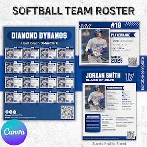 Softball Team Roster, Softball 16 Player Profile Template, Softball Roster College Recruiting Sports Profile Canva Template Instant Download