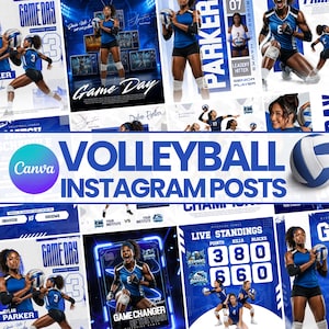 Puede incluir: Una colección de plantillas digitales para publicaciones de Instagram sobre voleibol con esquemas de color azul y blanco, fotos de acción de atletas en uniforme, balones de voleibol y elementos de texto como Game Day, Parker, Live Standings y Volleyball Instagram Posts.
