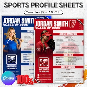 Puede incluir: Dos hojas de perfil deportivo, cada una de 21,6 x 27,9 cm, con una jugadora de béisbol. Una hoja es azul, la otra roja, ambas con información del jugador, datos de contacto y códigos QR para escanear los momentos destacados. El logotipo de Canva es visible.